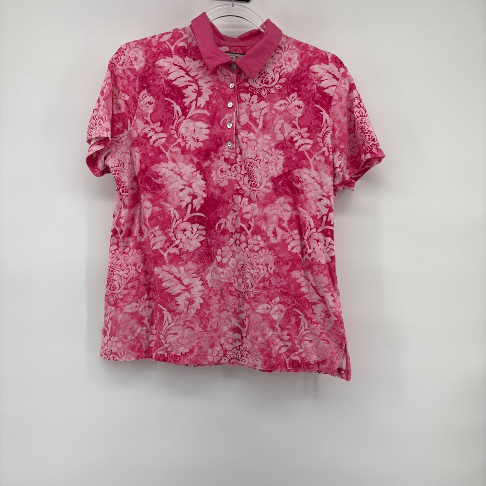 Jamaica Bay Womens Pink Floral Print Short Sleeve Polo Shirt Top‎ L G - Picture 2 of 6